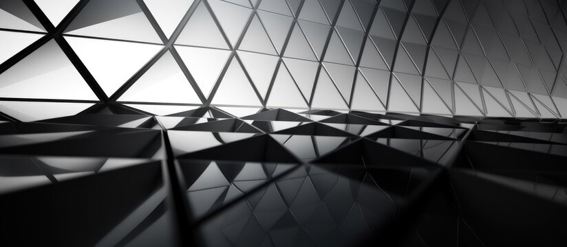 A black and white photo showcasing a wall with a geometric design resembling a triangle prism. The walls texture and shape create a futuristic architectural background.