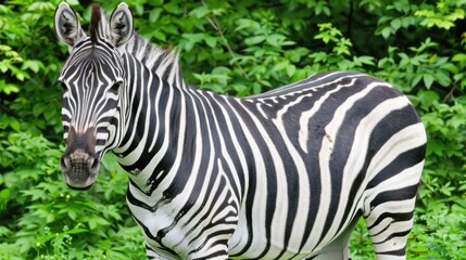 a close up of a zebra standing in front of a group of trees and bushes in a field of grass.