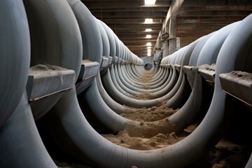 Labor-intensive Pipes installing concrete tunnel. Sewer tubes drain canal waste. Generate Ai - obrazy, fototapety, plakaty
