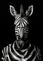 Zebra is shown in a black and white photo with a black background