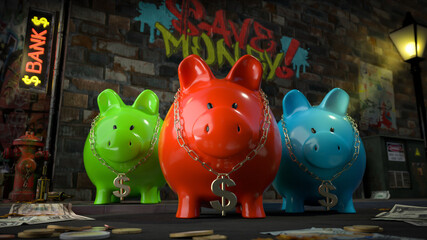 Die Sparschwein Bande - drei Sparschweine mit Dollar-Kette um den Hals stehen auf dunkler Straße mit Schild "Bank" plus Graffiti "Save Money" auf Hauswand und Geld liegt auf Straße