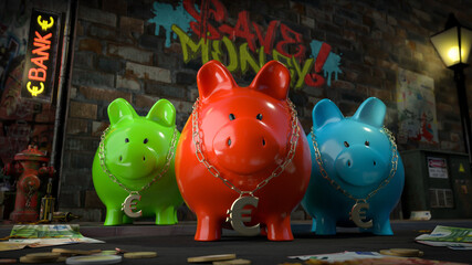 Die Sparschwein Bande - drei Sparschweine mit Euro-Kette um den Hals stehen auf dunkler Straße mit Schild 