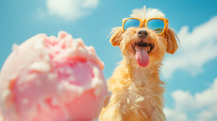 A funny puppy, wearing sunglasses perched precariously on his head, cheerfully tackling an oversized scoop of ice cream, his tongue darting out in icy joy. Generative AI
