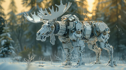 A robotic moose stands in a serene snowy landscape at sunset, its intricate machinery detailed...