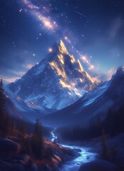 Shooting Star over Illuminated Mountain River, illustration for poster banner