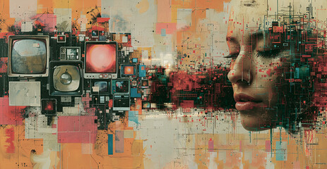 A collage illustration of faces with graphic textures and aged electronic scraps, presenting a vintage aesthetic with subdued colors and geometric patterns, set against weathered grungy surface.