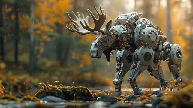 A mechanically engineered moose robot explores a forest with vibrant autumn leaves, blending advanced technology with natural surroundings.