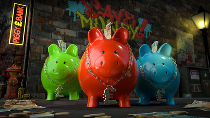 Die Sparschwein Bande - drei Sparschweine mit Pfund-Kette um den Hals stehen auf dunkler Straße mit Schild "Piggy Bank" plus Graffiti "Save Money" und Geld liegt auf Straße