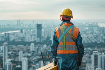 Back view of a construction worker in safety uniform and hard hat on top of building with city background. AI generative - 754994716