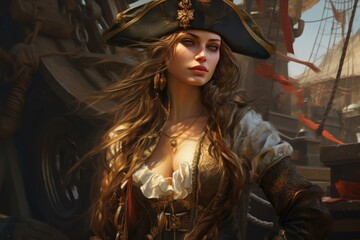 Fierce Pirate queen portrait closeup. Harbor ancient famous old picture. Generate Ai