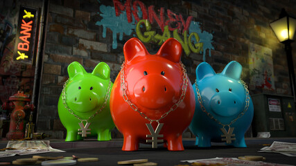 Die Sparschwein Bande - drei Sparschweine mit Yen-Kette um den Hals stehen auf dunkler Straße mit Schild "Bank" plus Graffiti "Money Gang" und Geld liegt auf Straße