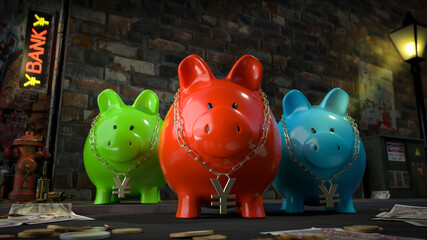 Die Sparschwein Bande - drei Sparschweine mit Yen-Kette um den Hals stehen auf dunkler Straße mit Schild 