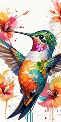 Watercolor painting of a hummingbird on a flower background. Hand drawn illustration.