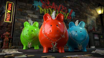 Die Sparschwein Bande - drei Sparschweine mit Yen-Kette um den Hals stehen auf dunkler Straße mit Schild 