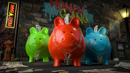 Die Sparschwein Bande - drei Sparschweine mit Yen-Kette um den Hals stehen auf dunkler Straße mit Schild "Piggy Bank" plus Graffiti "Money Gang" und Geld liegt auf Straße