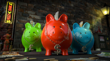 Die Sparschwein Bande - drei Sparschweine mit Dollar-Euro-Pfund-Kette um den Hals stehen auf dunkler Straße mit Schild 