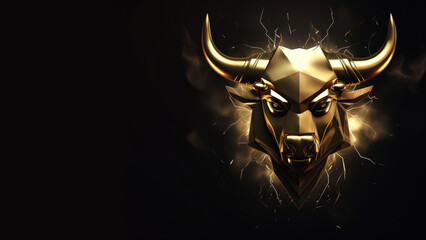 Golden bull head on dark background, crypto bull run sign, 3d digital art style, banner