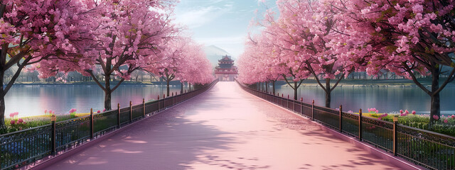 A pink road with cherry blossom trees on both sides, with black metal railings and green grass in...
