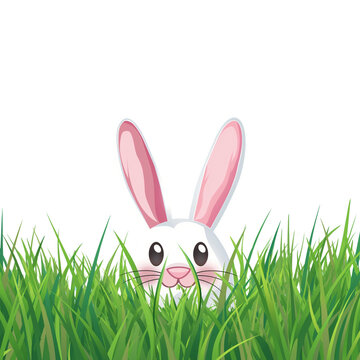 Flat illustration of an Easter bunny. Ears and head sticking out of the ground among the grass. Transparent background. Free copy space. Banner transparent.