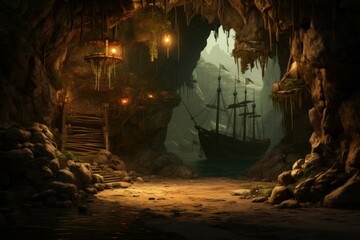 Hidden Pirate chest cave. Adventure ship. Generate Ai