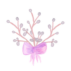 watercolor drawing element of a bouquet of willow branches tied with a purple ribbon isolated on a white background basis for creativity