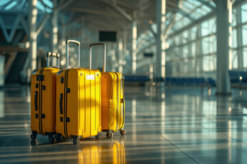 Photo-realistic airport bags with blurred vistas, creating a dreamlike setting. AI generative magic.