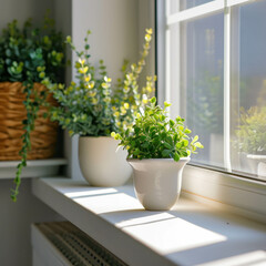 Fototapeta na wymiar Bring a touch of nature indoors: clear shots of green plants on a white window sill. AI generative.
