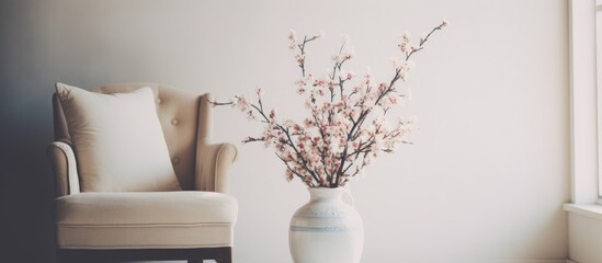A white vase containing flowers sits next to an empty chair in the vintage-filtered living room interior.