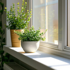 Bring a touch of nature indoors: clear shots of green plants on a white window sill. AI generative.