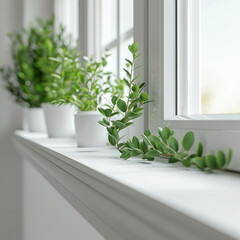 Discover the allure of simplicity with close-up shots of green plants on a white window sill. AI generative.