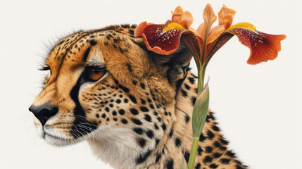 a close up of a cheetah's face with a flower in the middle of it's face.