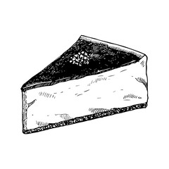 Cheesecake. Piece of sweet homemade cake, hand drawn sketch, vector illustration  - 754996359