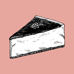 Cheesecake. Piece of sweet homemade cake, hand drawn sketch, vector illustration  - 754996361