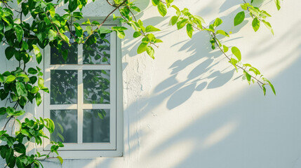 Award winning studio photography: close-up of white window with green leafs, showcasing professional color grading. AI generative.