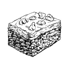 Piece of sweet homemade cake, hand drawn sketch, vector illustration 