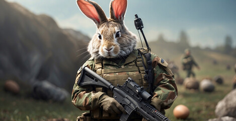 bunnies dressed as soldiers, easter day, eggs around on the battlefield background