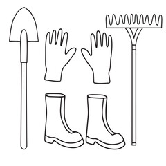 Gardening doodle set with rake, boots, gloves and shovel. Vector icons. Vector illustration. Vector illustration