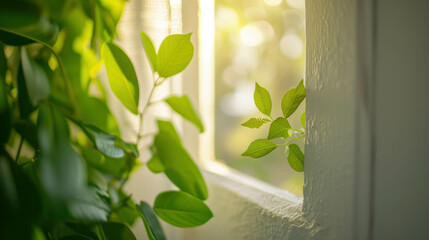 Professional studio photography of a cozy white window with green leafs, perfect for spring season. AI generative.