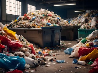 a waste sorting area with a pile of food and household waste