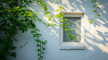 Close-up of cozy white window adorned with green leafs, captured in spring season. Award winning studio photography. AI generative.