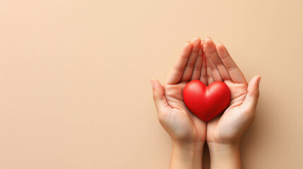 Symbol of love: feminine hands clutch red heart against stylish beige backdrop. AI generative.