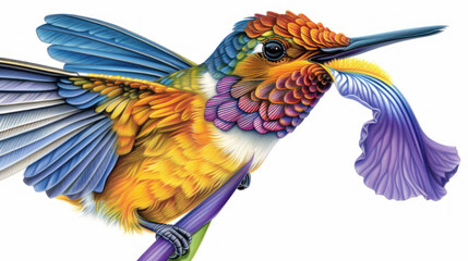 Obraz premium a drawing of a colorful bird sitting on a branch with its wings spread out and its beak extended to the side of the bird.