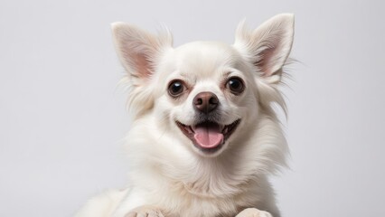 Portrait of White long coat chihuahua dog on grey background