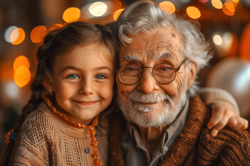 Elderly man with a young girl sharing a moment, both smiling with warm, festive lights in the background - obrazy, fototapety, plakaty