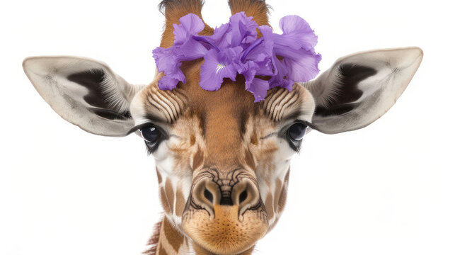 a close up of a giraffe's face with a purple flower on it's head and a white background.