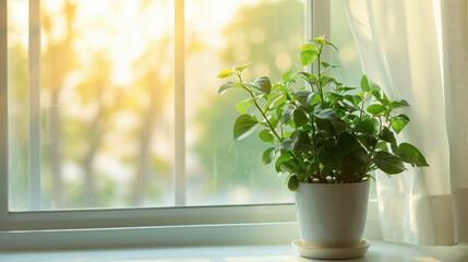 Fresh green foliage of a plant illuminated by sunshine near a window on a sunny day. AI generative.