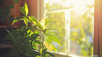 Closeup of green plant by window on a sunny day, bathing in natural sunlight. AI generative.