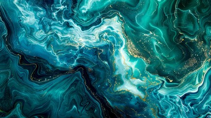 Abstract Ocean Waves and Swirls in Turquoise and Teal: Fluid Art Background with Marbled Patterns