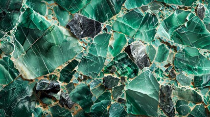 Abstract Background Texture of Shattered Green Glass Pieces with Jagged Edges and Reflective Surfaces