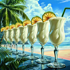 Enjoy refreshing piñas coladas cocktails at a beach bar with a picturesque ocean vista. AI generative. - obrazy, fototapety, plakaty